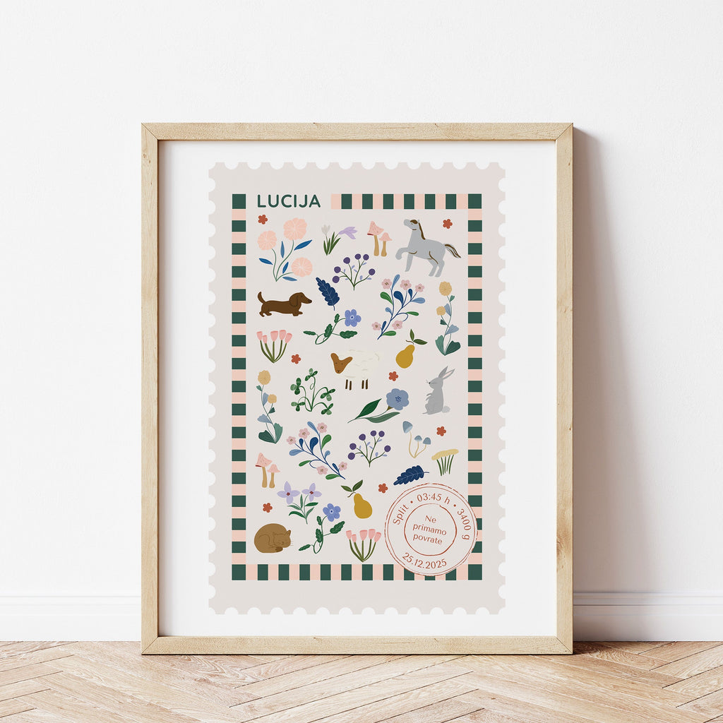Nova pošiljka – Konjić, personalizirani print za bebu unisex | Poštanska marka rođenja